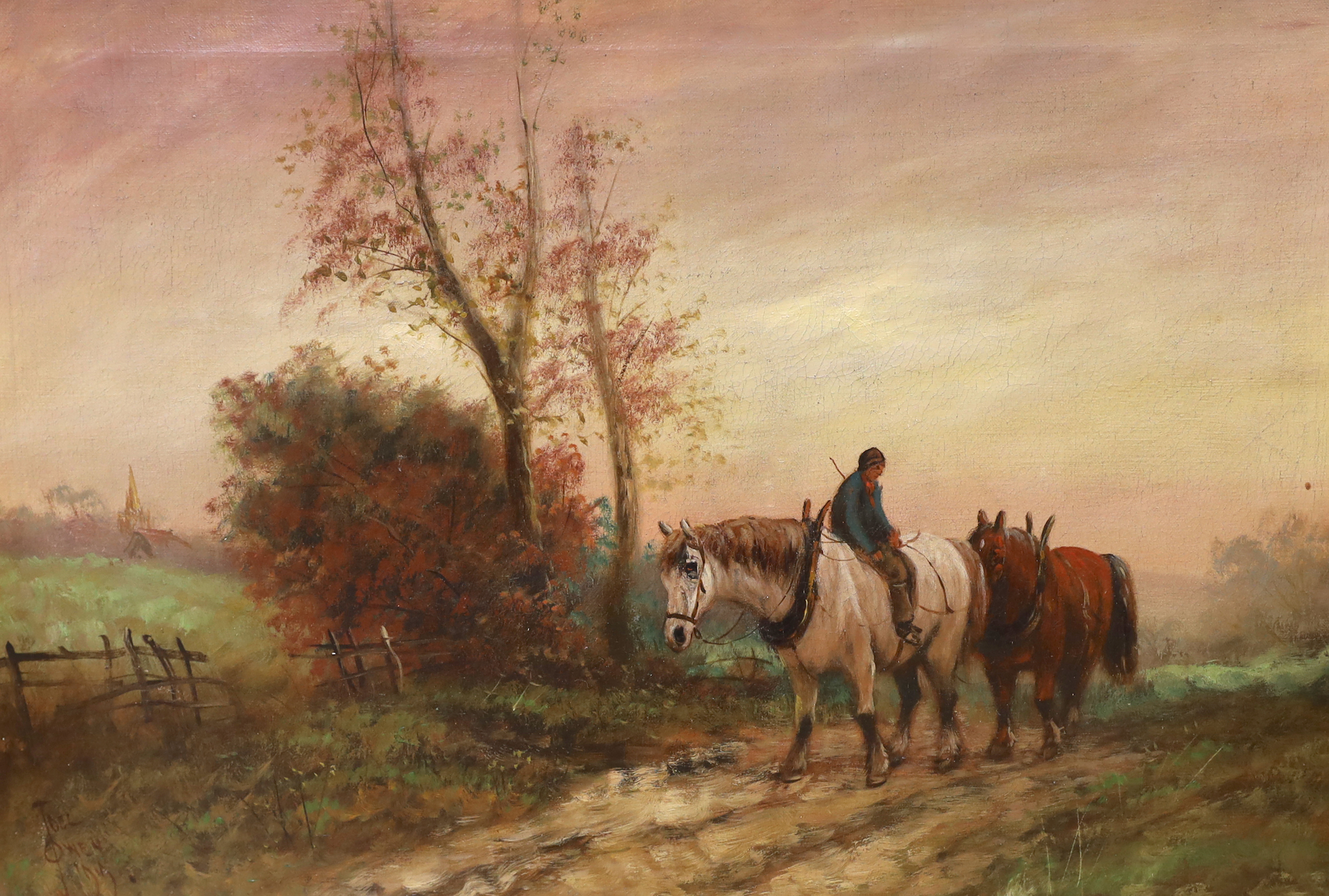 Joel Owen (1892-1931), oil on canvas, Work horses on a path, signed and dated 1919, together with an oil on canvas, Panoramic river landscape, indistinctly signed, largest 39 x 59cm